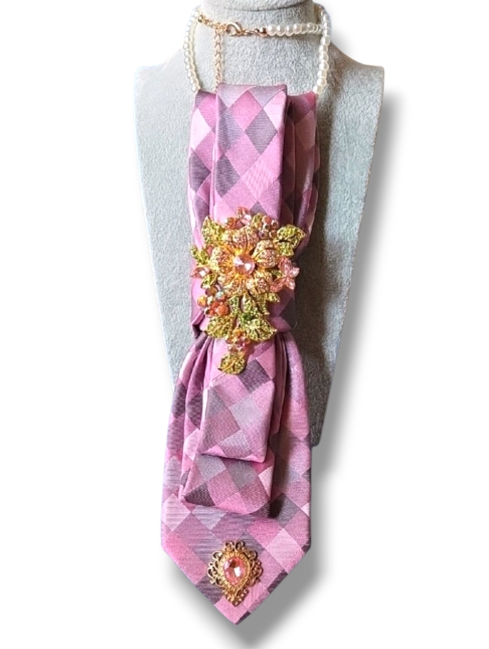 3/$60 Pink Check Folded Cravat with Gold Pink Floral Accent